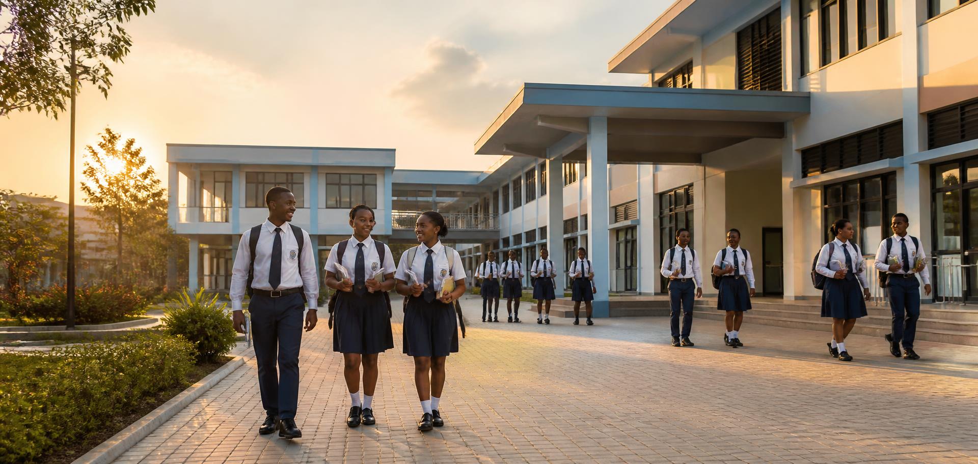 Students walking through a school campus at golden hour